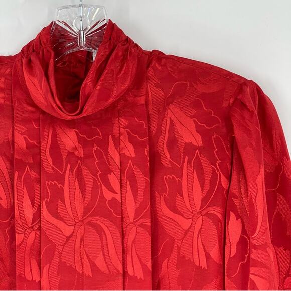 Vintage Red High Collar Pleated Front Blouse Size 8 Secretary Party Victorian - Picture 15 of 16